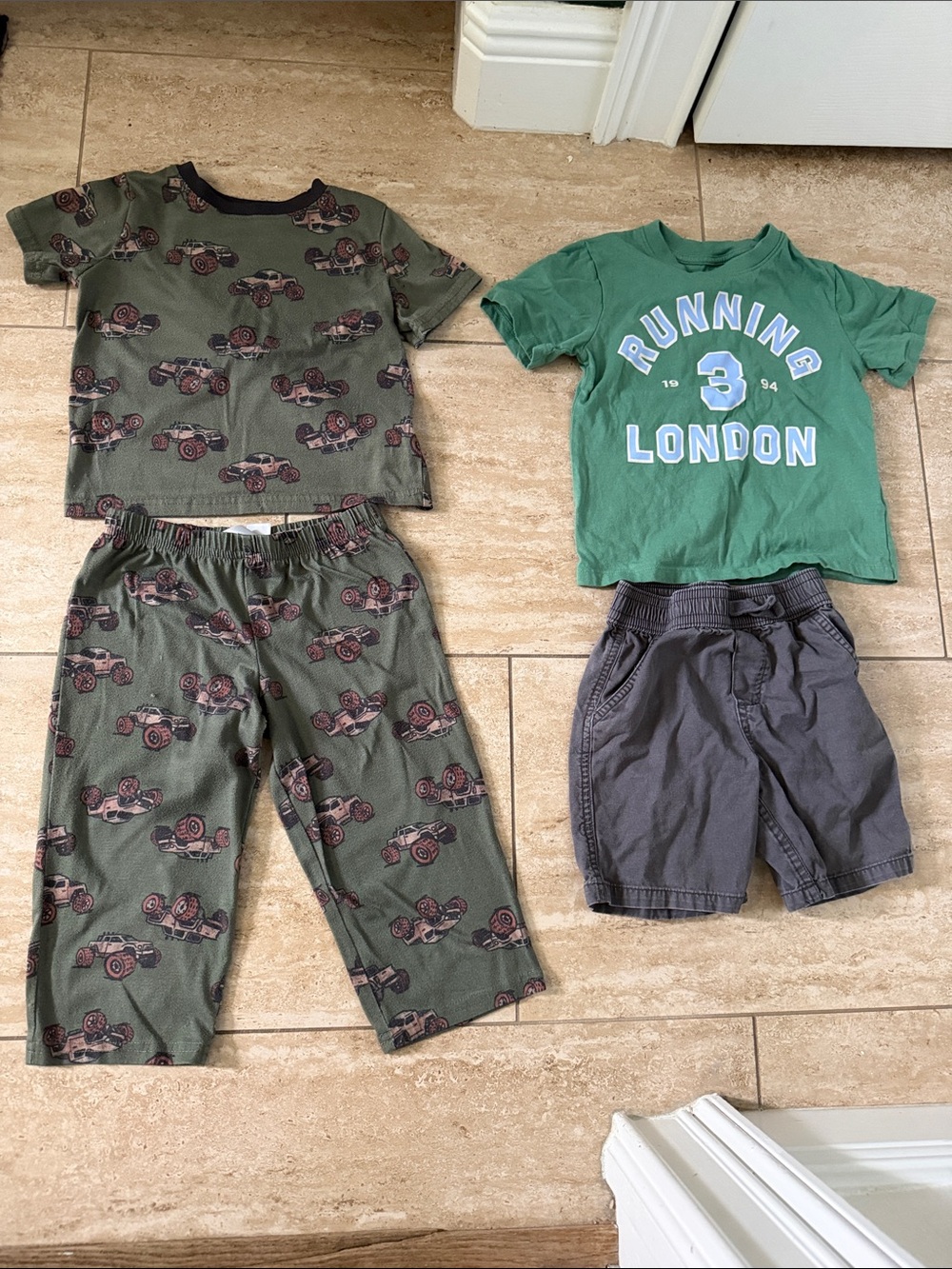 Green 'Running London' Tee & Olive Car-Print Pajama Set for Kids